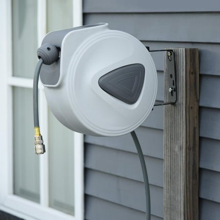 Retractable 15m + 1.4m Air Hose Reel 3/8" Diameter, 1/4" BSP Connector, Wall Mount Auto Rewind - Grey