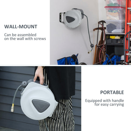 Retractable 15m + 1.4m Air Hose Reel 3/8" Diameter, 1/4" BSP Connector, Wall Mount Auto Rewind - Grey