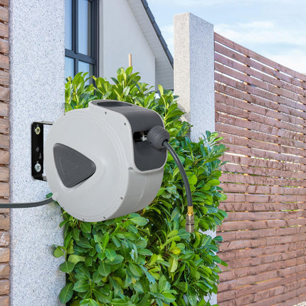 Retractable 15m + 1.4m Air Hose Reel 3/8" Diameter, 1/4" BSP Connector, Wall Mount Auto Rewind - Grey