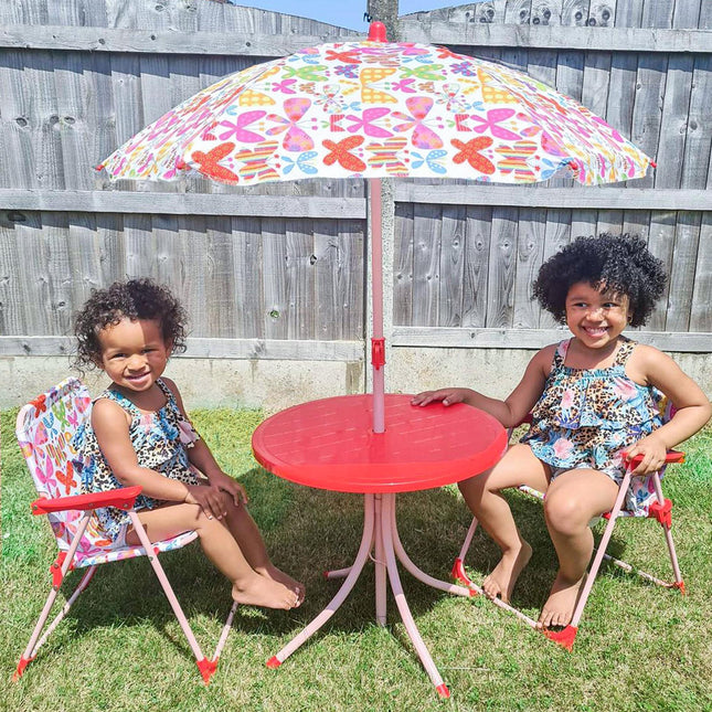 4 Piece Kids Folding Picnic Table and Chairs Set with Striped Parasol - Multi