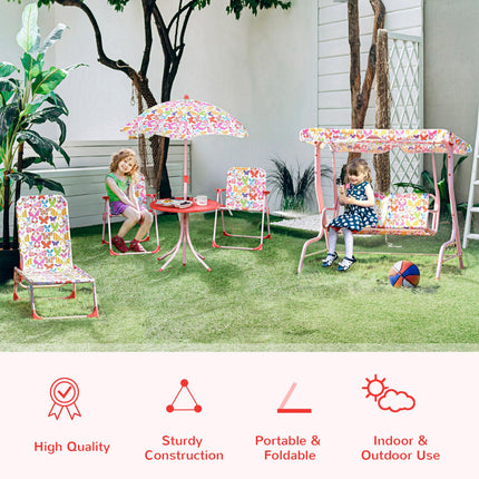 4 Piece Kids Folding Picnic Table and Chairs Set with Striped Parasol - Multi