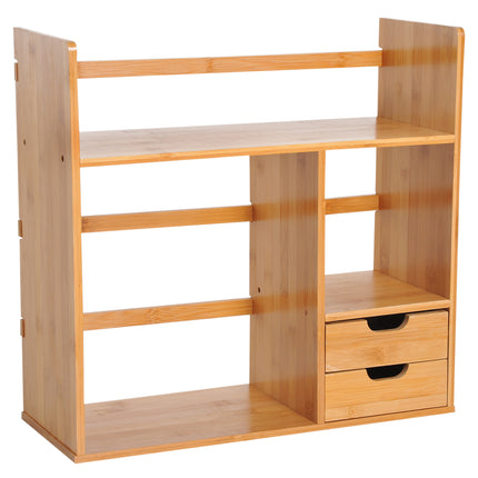 Bamboo Desk Organiser with 2 Drawers, Compartments & Desktop Bookshelf - Bamboo