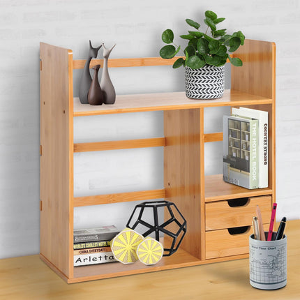 Bamboo Desk Organiser with 2 Drawers, Compartments & Desktop Bookshelf - Bamboo