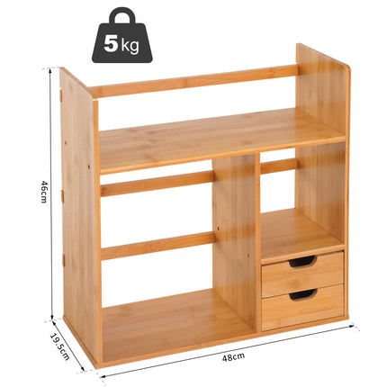 Bamboo Desk Organiser with 2 Drawers, Compartments & Desktop Bookshelf - Bamboo