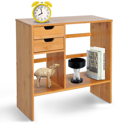 Bamboo Desk Organiser with 2 Drawers, Compartments & Desktop Bookshelf - Bamboo