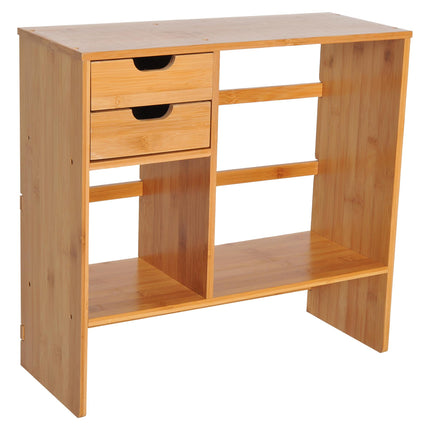 Bamboo Desk Organiser with 2 Drawers, Compartments & Desktop Bookshelf - Bamboo