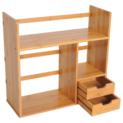 Bamboo Desk Organiser with 2 Drawers, Compartments & Desktop Bookshelf - Bamboo