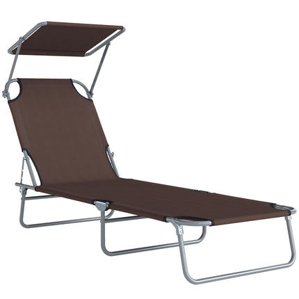Adjustable Folding Reclining Sun Lounger with Canopy for Outdoor Patio Beach - Brown