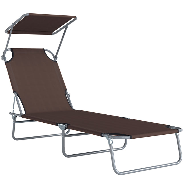 Adjustable Folding Reclining Sun Lounger with Canopy for Outdoor Patio Beach - Brown