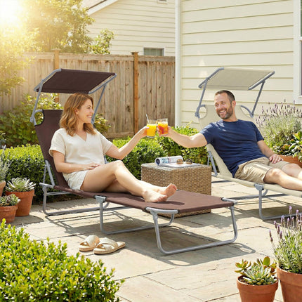 Adjustable Folding Reclining Sun Lounger with Canopy for Outdoor Patio Beach - Brown