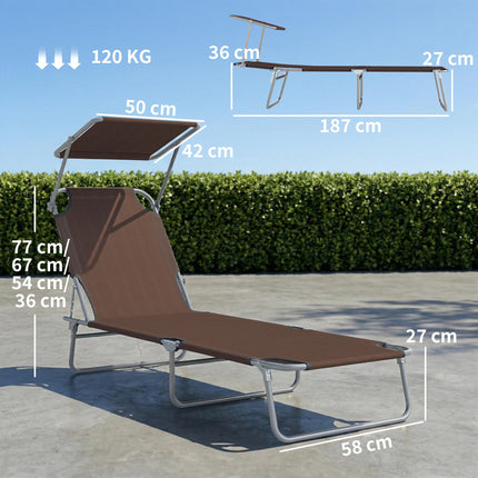 Adjustable Folding Reclining Sun Lounger with Canopy for Outdoor Patio Beach - Brown