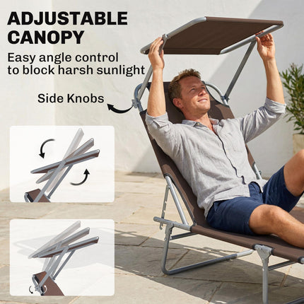 Adjustable Folding Reclining Sun Lounger with Canopy for Outdoor Patio Beach - Brown