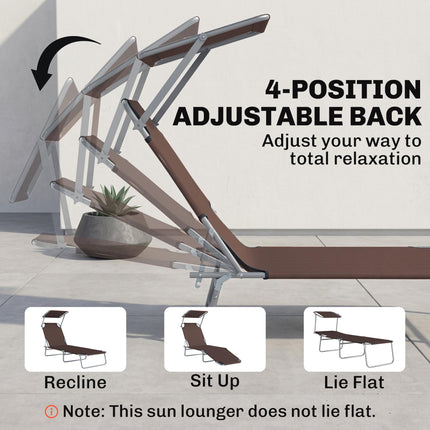 Adjustable Folding Reclining Sun Lounger with Canopy for Outdoor Patio Beach - Brown