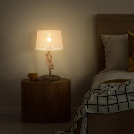 Nautical Rope-Base Table Lamp with Fabric Shade and Metal Frame - Beige