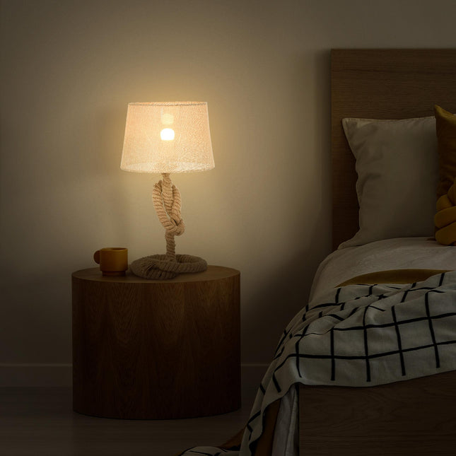 Nautical Rope-Base Table Lamp with Fabric Shade and Metal Frame - Beige
