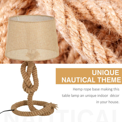 Nautical Rope-Base Table Lamp with Fabric Shade and Metal Frame - Beige