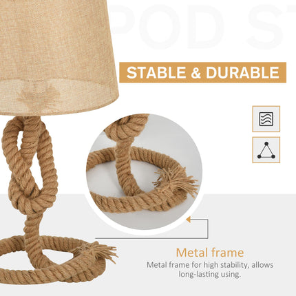 Nautical Rope-Base Table Lamp with Fabric Shade and Metal Frame - Beige