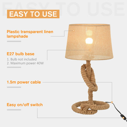 Nautical Rope-Base Table Lamp with Fabric Shade and Metal Frame - Beige