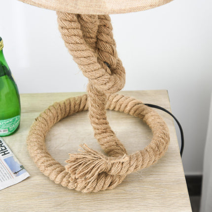 Nautical Rope-Base Table Lamp with Fabric Shade and Metal Frame - Beige