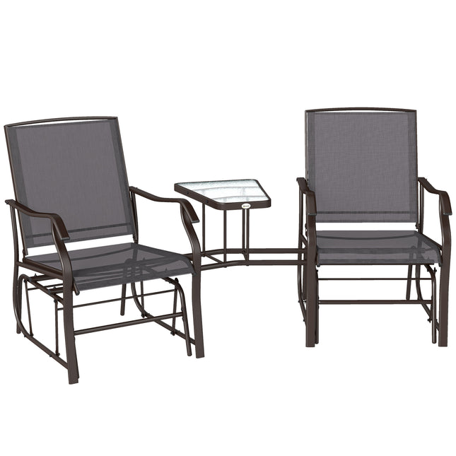 3 Piece Garden Double Glider Set with Glass Table - Grey Mesh