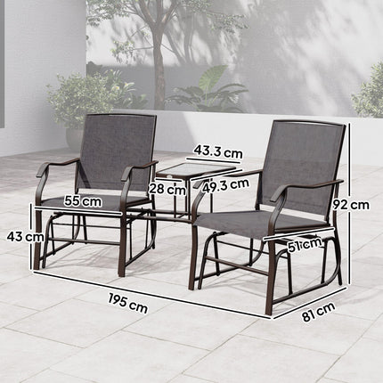 3 Piece Garden Double Glider Set with Glass Table - Grey Mesh