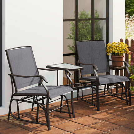 3 Piece Garden Double Glider Set with Glass Table - Grey Mesh