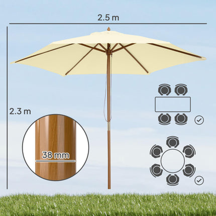 2.5m Wooden Garden Parasol Outdoor Patio Sun Shade Umbrella - Beige