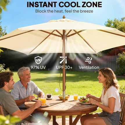 2.5m Wooden Garden Parasol Outdoor Patio Sun Shade Umbrella - Beige