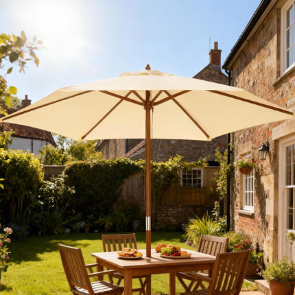 2.5m Wooden Garden Parasol Outdoor Patio Sun Shade Umbrella - Beige