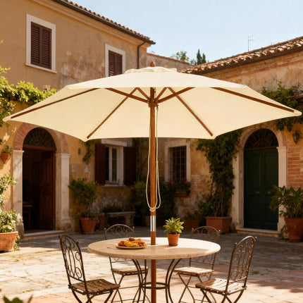 2.5m Wooden Garden Parasol Outdoor Patio Sun Shade Umbrella - Beige