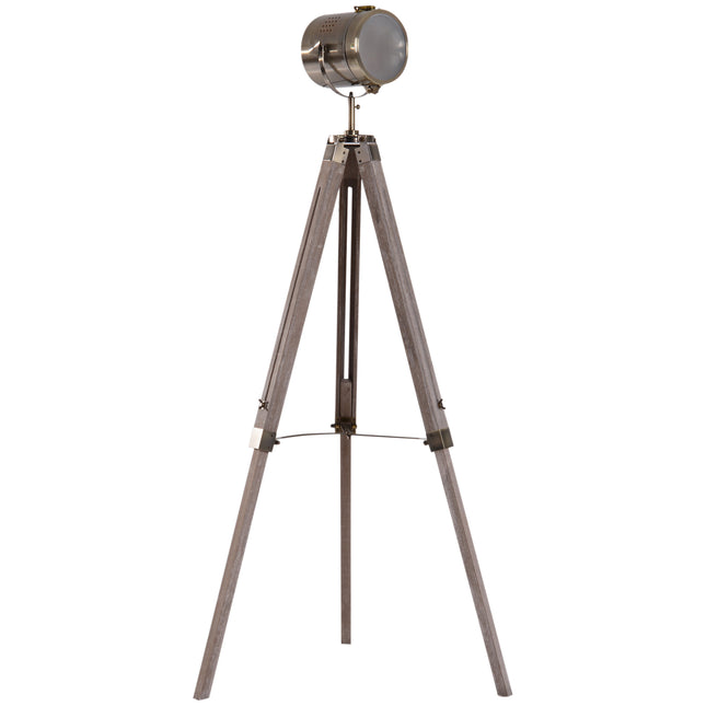 Vintage Tripod Floor Lamp Retro Industrial Searchlight Spotlight with Wooden Base - Grey