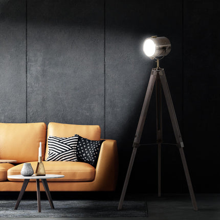 Vintage Tripod Floor Lamp Retro Industrial Searchlight Spotlight with Wooden Base - Grey
