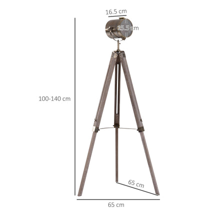 Vintage Tripod Floor Lamp Retro Industrial Searchlight Spotlight with Wooden Base - Grey