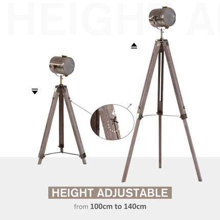 Vintage Tripod Floor Lamp Retro Industrial Searchlight Spotlight with Wooden Base - Grey