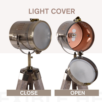 Vintage Tripod Floor Lamp Retro Industrial Searchlight Spotlight with Wooden Base - Grey