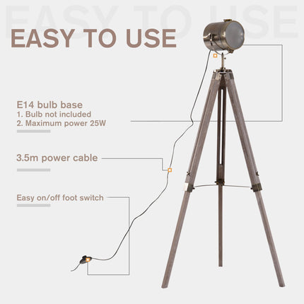 Vintage Tripod Floor Lamp Retro Industrial Searchlight Spotlight with Wooden Base - Grey