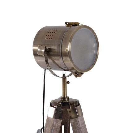Vintage Tripod Floor Lamp Retro Industrial Searchlight Spotlight with Wooden Base - Grey
