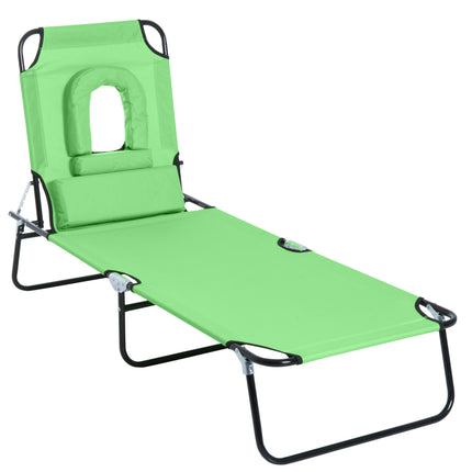 Foldable Adjustable Sun Lounger with Pillow and Reading Hole - Green