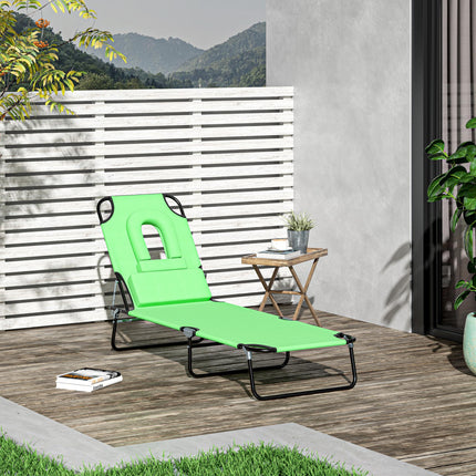 Foldable Adjustable Sun Lounger with Pillow and Reading Hole - Green