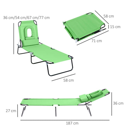 Foldable Adjustable Sun Lounger with Pillow and Reading Hole - Green