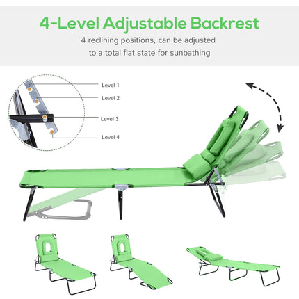 Foldable Adjustable Sun Lounger with Pillow and Reading Hole - Green