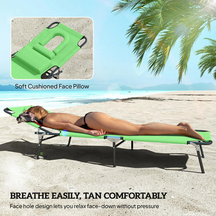 Foldable Adjustable Sun Lounger with Pillow and Reading Hole - Green