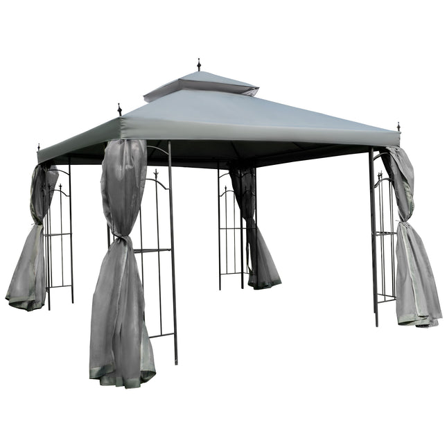 3 Metre Double Tier Garden Gazebo With Mesh Curtains - Grey