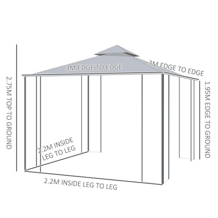 3 Metre Double Tier Garden Gazebo With Mesh Curtains - Grey