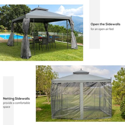 3 Metre Double Tier Garden Gazebo With Mesh Curtains - Grey