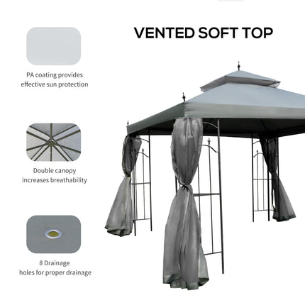 3 Metre Double Tier Garden Gazebo With Mesh Curtains - Grey