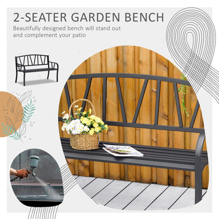 2 Seater Metal Garden Bench with Ergonomic Armrest - Black
