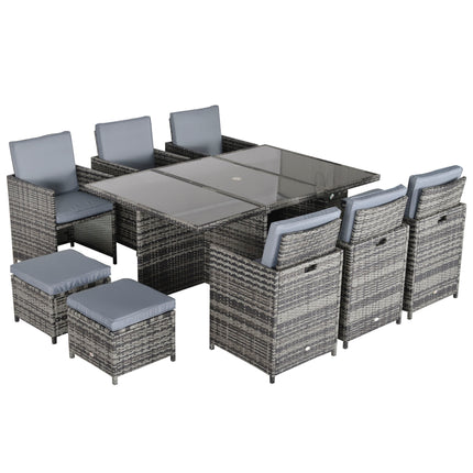 Outdoor 11pc Rattan Garden Patio Dining Set 10-Seater Cube Sofa with 6 Chairs & 4 Footrests - Mixed Grey