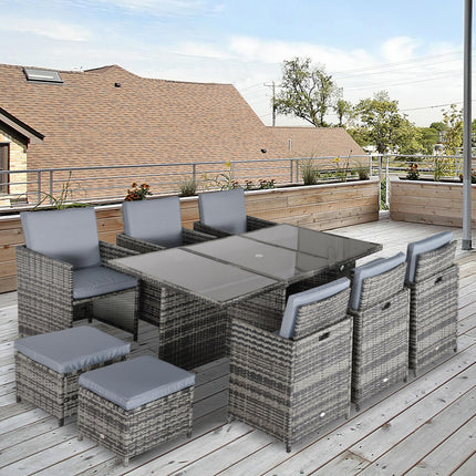 Outdoor 11pc Rattan Garden Patio Dining Set 10-Seater Cube Sofa with 6 Chairs & 4 Footrests - Mixed Grey