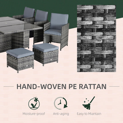 Outdoor 11pc Rattan Garden Patio Dining Set 10-Seater Cube Sofa with 6 Chairs & 4 Footrests - Mixed Grey